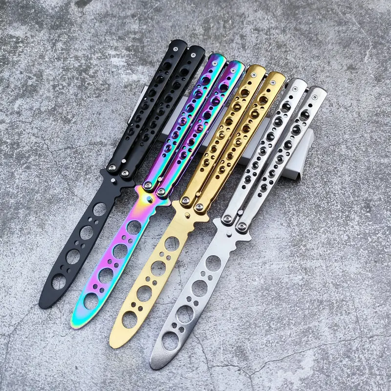 Stainless Steel Safe Balisong Trainer - Unsharpened Butterfly Fly Knife with Rainbow, Gold, Silver Options, Hole Grips, Beginner-Friendly Flip Training Tool for Sports & Outdoor Use