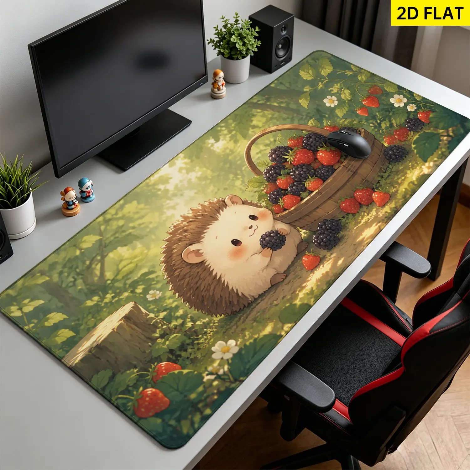 Extra Large cute hedgehog and forest berries Mouse Pad,Non Slip Rubber Pad,Desktop Decoration Drotection Pad,Washable,Lock Edge Multi Size,Premium Multipurpose Mousepad For Home,Office,Gift for Family and Friends