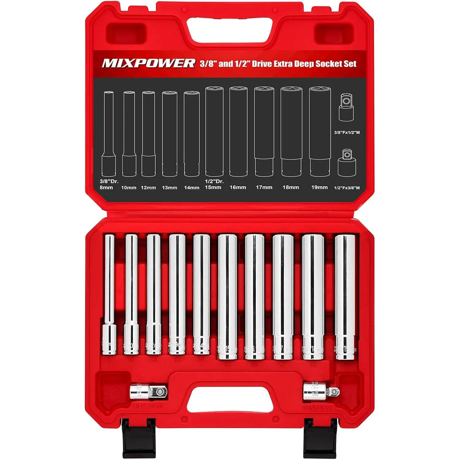 12 count 3/8"&1/2" Drive Extra Deep Metric Socket Set,6 Point,8-10-12-13-14-15-16-17-18-19mm with 1/2"&3/8" Adapter,120mm Deep CR-V Socket for Automotive and Industrial Applications