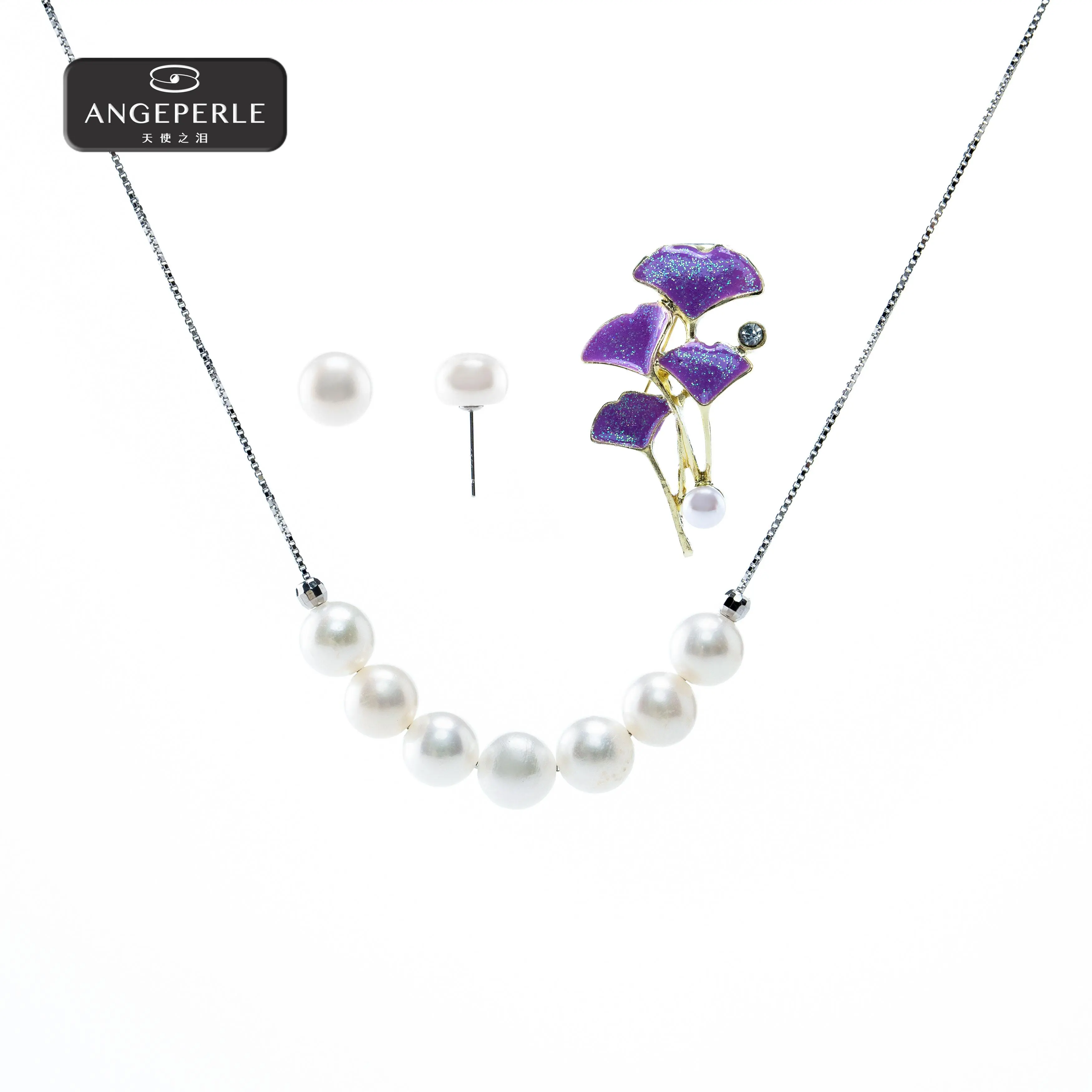 ANGEPERLE S925 Sterling Silver "Smile" Freshwater Pearl Jewelry Set for Women - Necklaces for Women, 6-7mm & 9-10mm Stud Earrings, Brooch, TSJ454