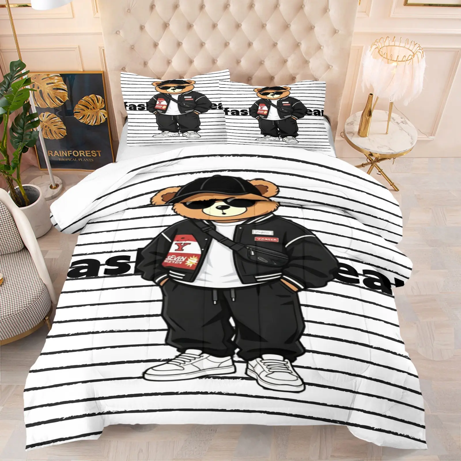 Bear print pattern set, including 1 blanket and 1 or 2 pillowcases without pillowcases, soft children's and adult bedroom decoration gifts