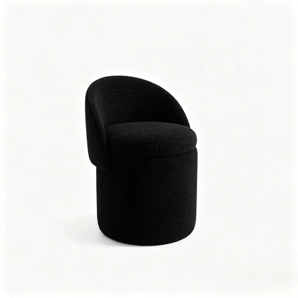 Makeup Stool with Storage, Upholstered Vanity Stool with Foldable Backrest, Modern Cylindrical Ottoman Footrest Chair, Round Makeup Chair for Bedroom Dressing Room, Living Room Accent Seating, Space Saving Storage Stool, Black Vanity Seat Furniture