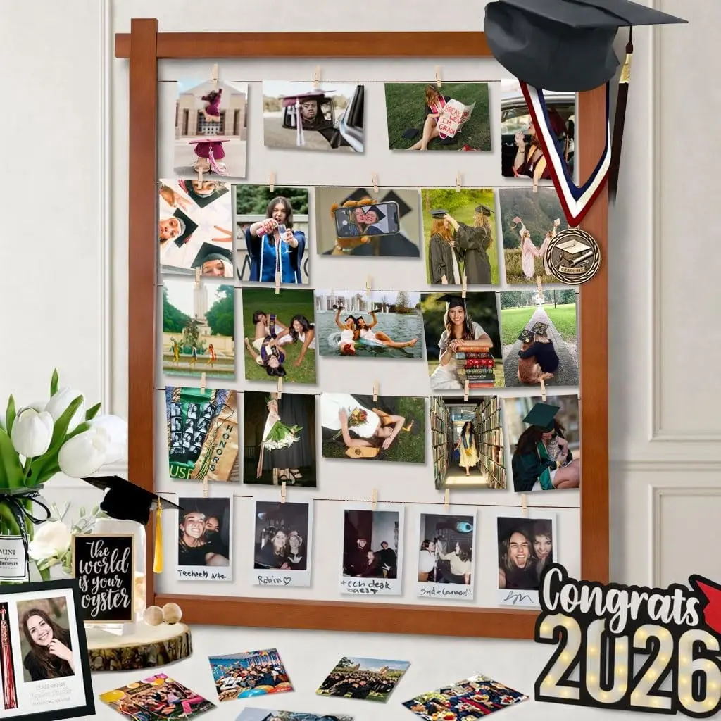 Class of 2026 Graduation Photo Collage Board, 32.8x25 in Wood Frame with Jute Cords and Clips, Rustic Table & Wall Decor