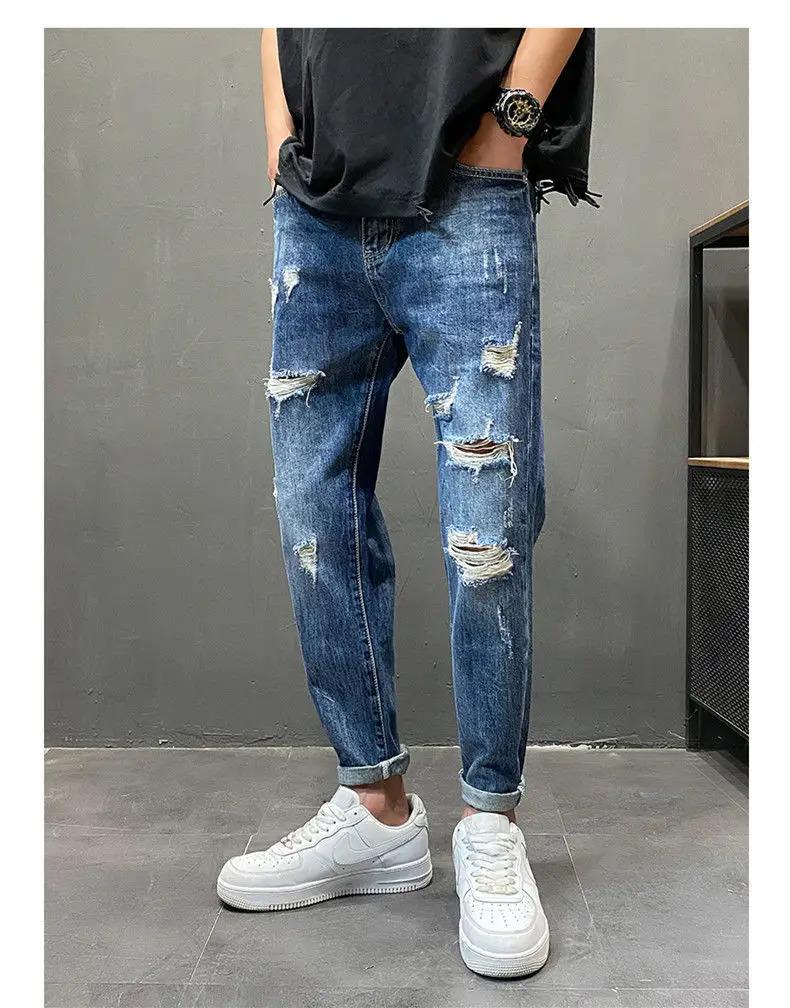 Men's Shaved Trendy Ripped Jeans Ruffian Handsome Summer Slim-fitting Pants Trendy Brand Man Clothes Designer Beggar Pants Men