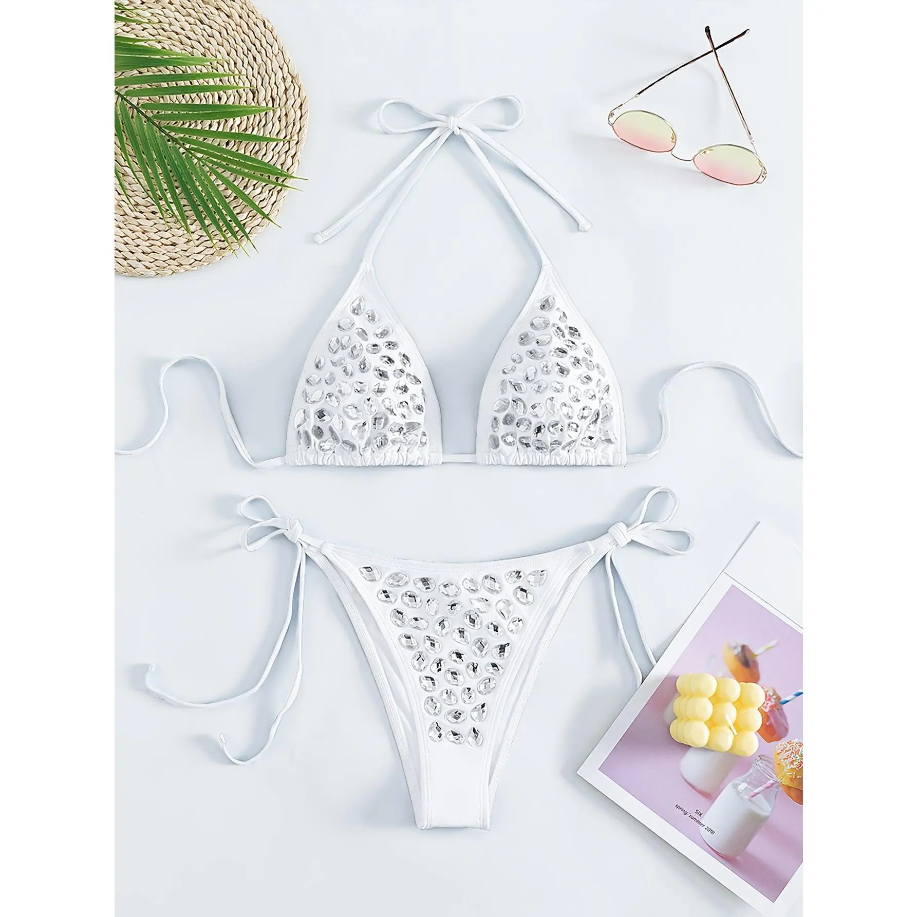 Cross-border E-commerce Crystal Diamond Multi-color Bikini 2pcs Set, Busty and Backless, Sexy Swimwear for Women.