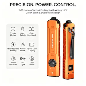 Edc Tactical Flashlight with 365nm UV Light, USB-C Rechargeable, Ipx6 Waterproof, LCD Power Display, Ideal for Camping & Emergency Use