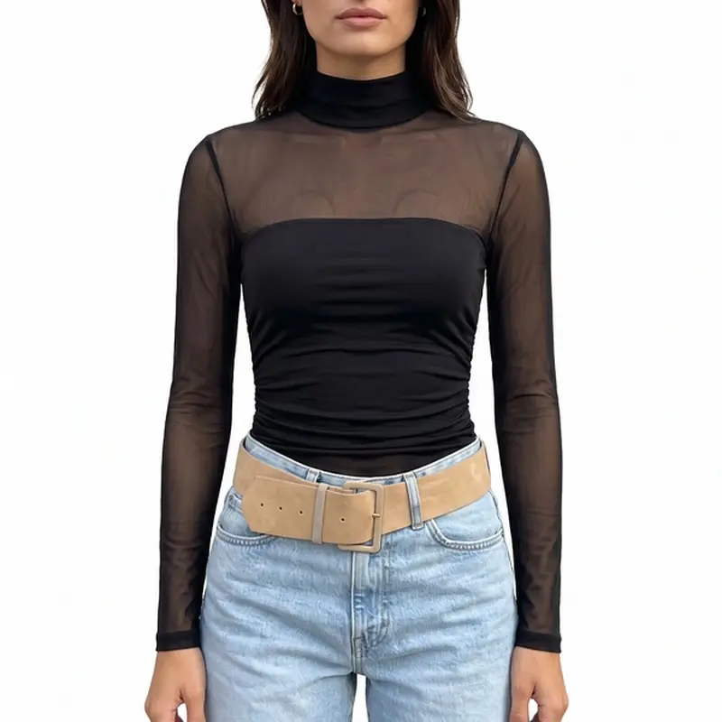 Women's Sheer Mesh Long Sleeve Top, Mock Neck Ruched Blouse for Daily Wear and Parties