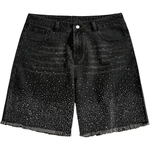 Men's Rhinestone Jean Shorts Straight Leg Jorts Denim Shorts with Pockets
