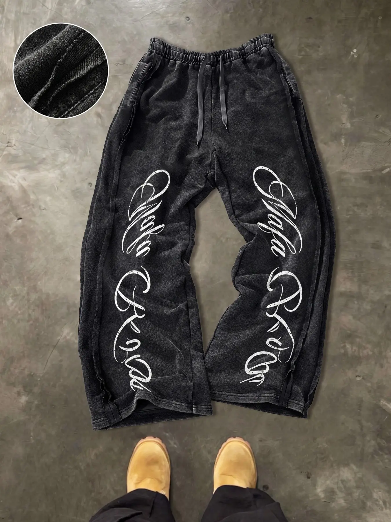 Men's Baggy Washed Sweatpants, Elastic Waist Wide Leg Pants With "Mafia Royal" Script Print, Vintage Y2K Grunge Streetwear Joggers, Casual Athleisure Pants Perfect For Daily Wear, Casual Days And Loose Street Styling
