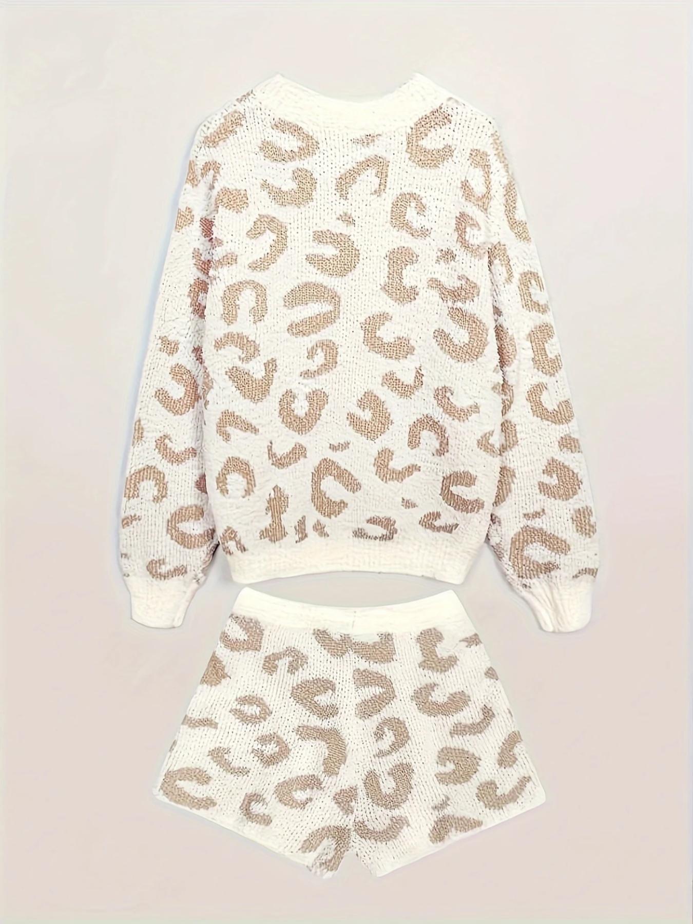 【COZY Soft Plush Feel】Women's Leopard Print Long Sleeve Top & Shorts Two-piece Set, Casual Fashion Cozy Round Neck Top & Shorts for Daily Wear, Ladies Sleepwear for Fall & Winter, Pajama
