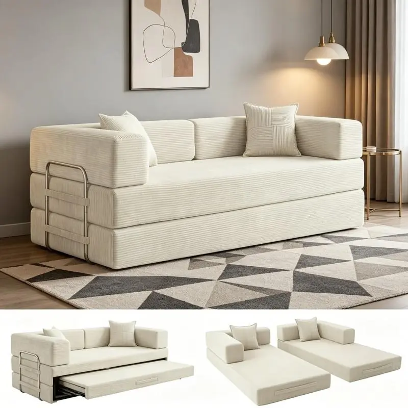 80"Oversized Boneless Couch,5-in-1 Convertible Sleeper Sofa Bed,Fully Foam-Padded,Removable Armrests,Deep-Seat Corduroy Modular Floor Sofa,Foldable Pull-Out Living Room Mattress Sofa,No Assembly Required,Comes with Two Pillows