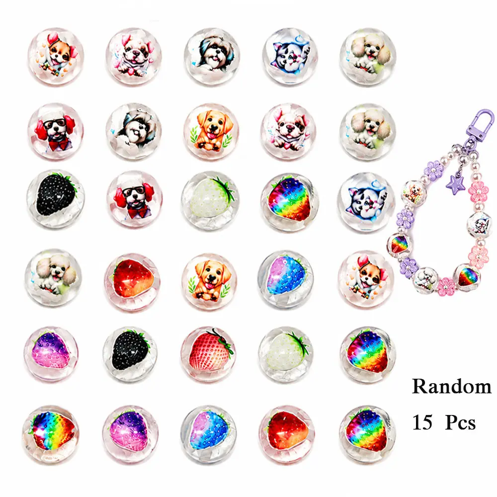 Random 15PCS Kawaii Strawberry Dog Acrylic Beads, Gradient Transparent Double-Sided Printed Spacer Beads for Beadable Pens, Phone Charms, Purse Charms, DIY Craft Supplies