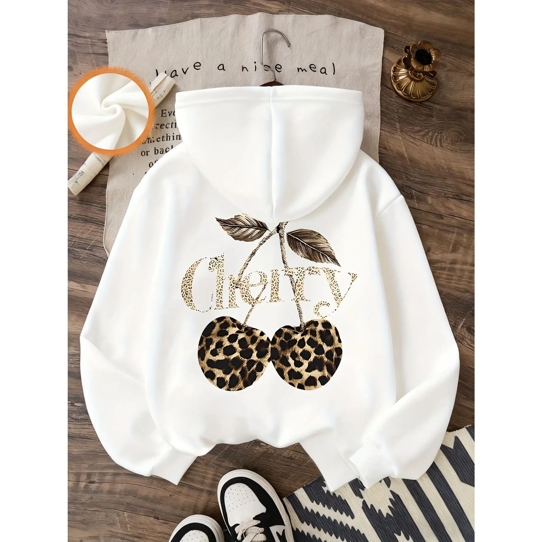 Women's Casual Hooded Sweatshirt - Letter, Leopard Print, Cherry Pattern Print, Regular Fit Hoodie, Suitable for Autumn and Winter, Women's Clothing