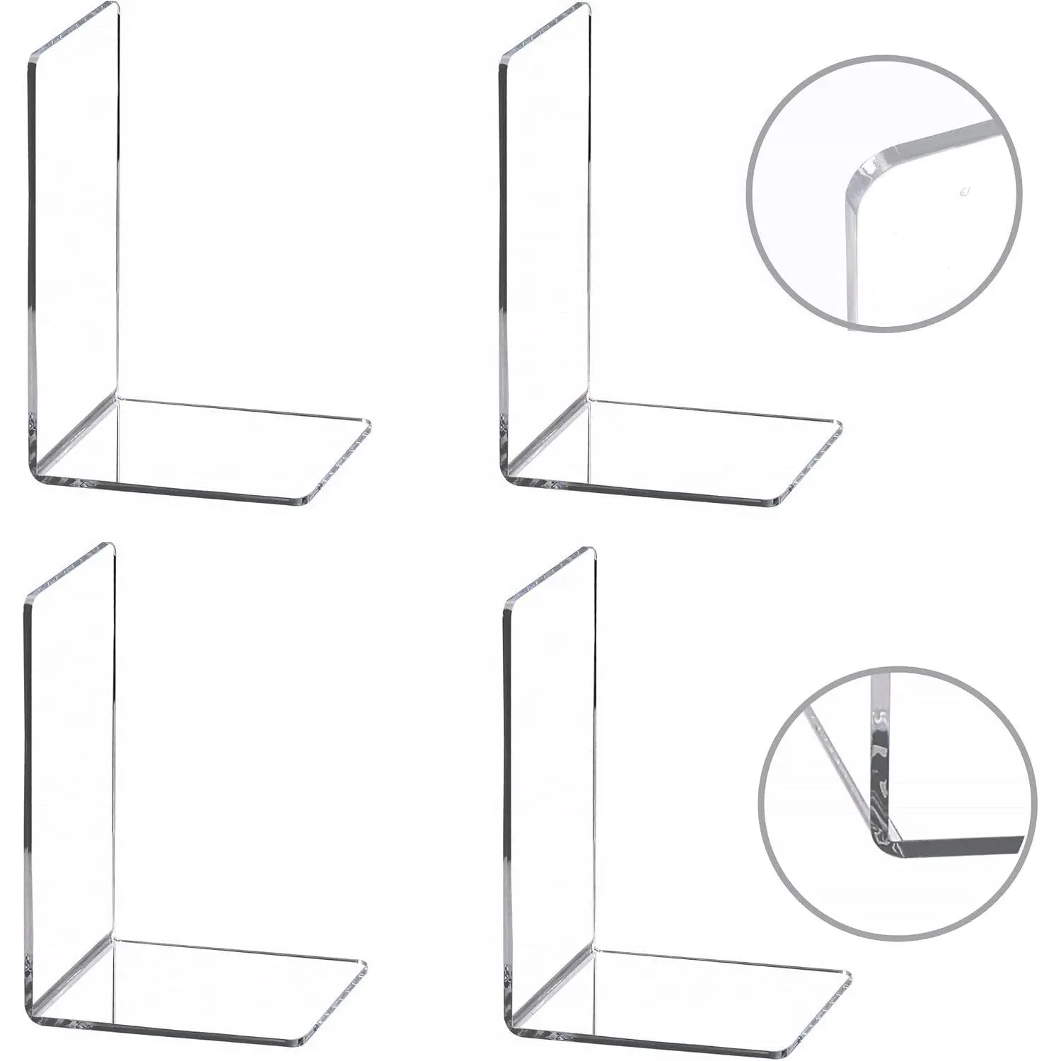 4 Pieces Clear Acrylic Bookends for Shelves, Heavy Duty Book Ends and Desktop Organizer, Book Stopper for Books/Movies/CDs, 7.3x4.8x4.8 Inch
