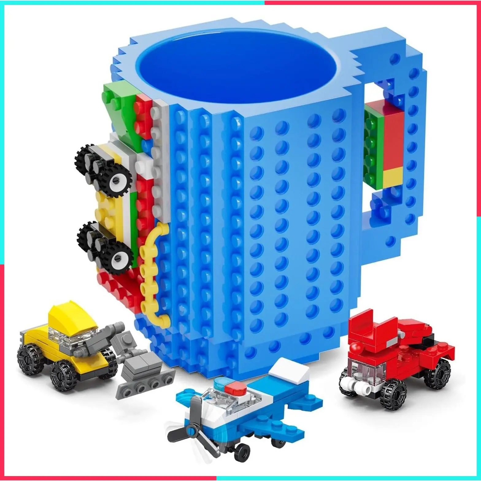 Build-on Brick Mug Set with 3 Random Packs of 2-in-1 Bricks, Cool Coffee Mugs for Kids, Creative Novelty Funny Coffee Mug Cup Gift for Kids Men Dad Adults Women Xmas Christmas - Blue