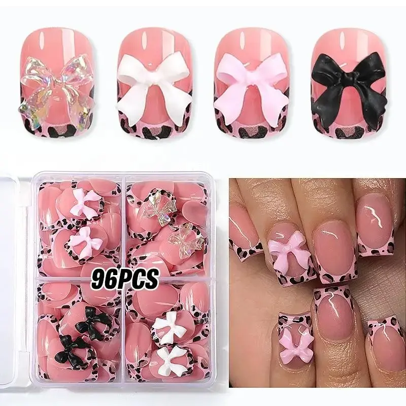 96 Pcs Leopard Print Bow Nail Tips, Sweet Girl Y2K Glossy Removable Nail Set, Nail Kit, Nail Art Supplies, Includes Jelly Glue & File, Perfect for Daily Use, Parties, Photoshoots, Fake Nails