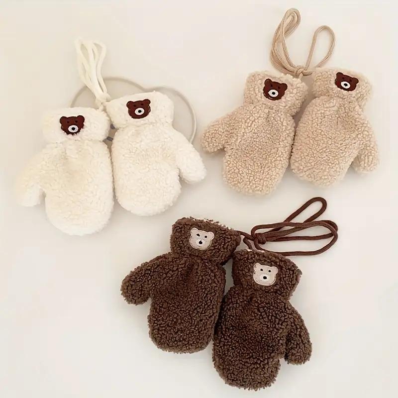 Kids Plush Winter Gloves with Neck Hanging Loop - Thick Warm Thermal Mittens for Boys & Girls 2-5 Years, Soft Brown/Beige/Gray/Black, Cozy Everyday & Play, Easy On/Off Design, Ideal for Christmas & New Year's Gifts, Adorable Plush Material for Boys & Girl