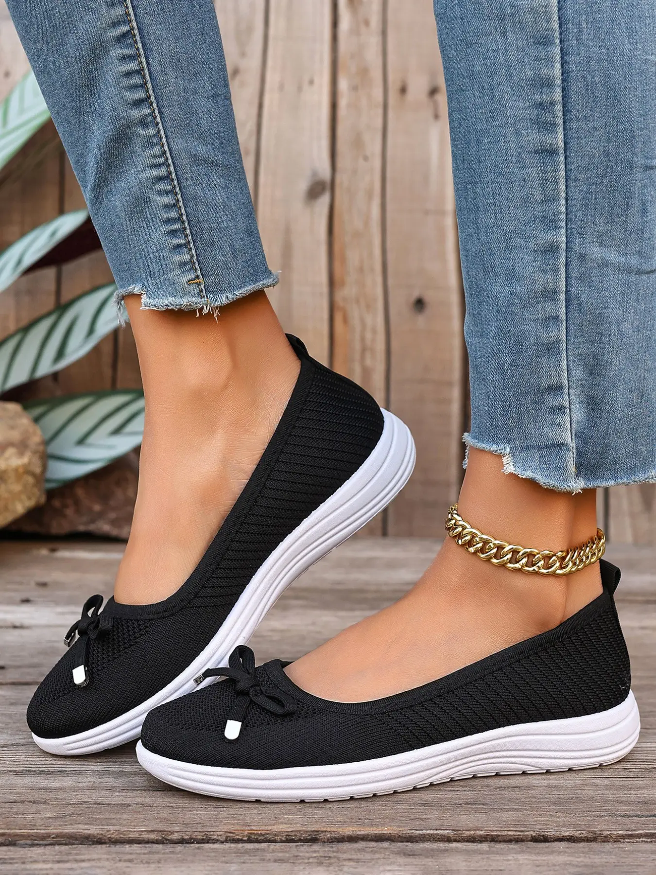 Women Knitted Ballet Flats Slip On Walking Shoes, Cute Bow Decor Low Platform Casual Loafers, Lightweight Non Slip Daily Wear Flat Shoes for Shopping Travel