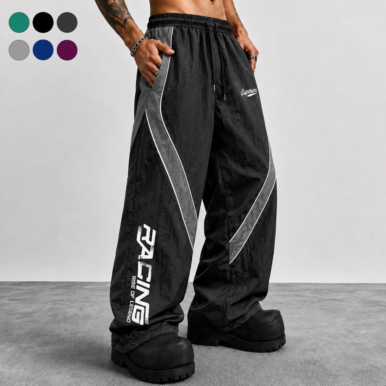 Men's Racing Graphic Wide Leg Track Pants Baggy Curved Paneling Decorative Piping Trim Drawstring Trousers Streetwear Active Sportswear cozy soft cool clean chic active sporty premium classic stylish durable trendy relaxed comfy modern vibe urban fresh