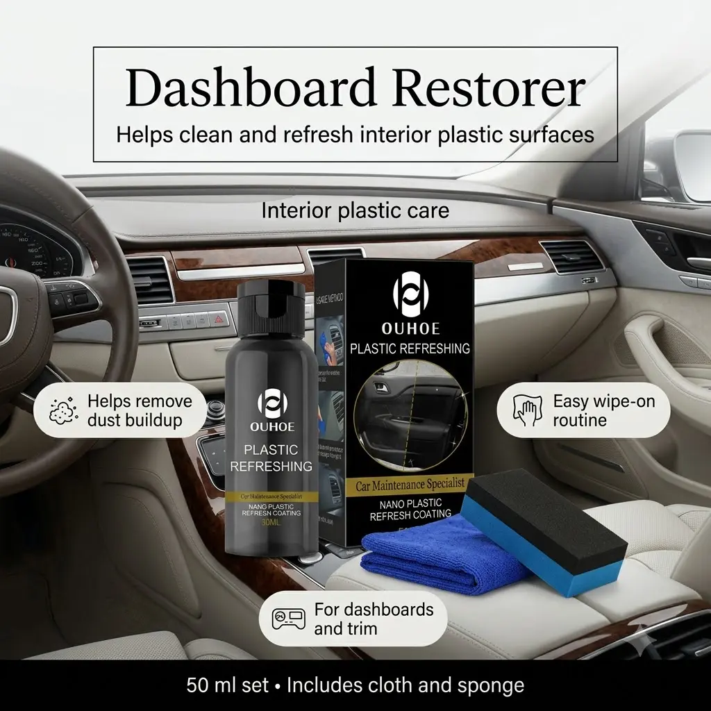 Dashboard Restorer 50ml Kit, Car Interior Cleaner and Plastic Trim Shine Care for Dashboard, Console, Door Panels, Vinyl, Faded Plastic, White Marks, Dust, Dirt, Grime, Surface Renewal Care, Interior Dressing and Daily Auto Detailing Use