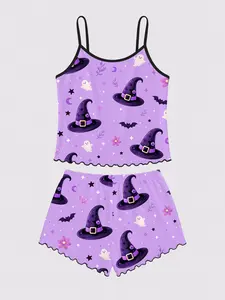 Women's Two-Piece Pajama Set, Sleeveless Top & Elastic Waist Shorts, Casual Comfortable Sleepwear, Halloween Witch Hat, All Seasons