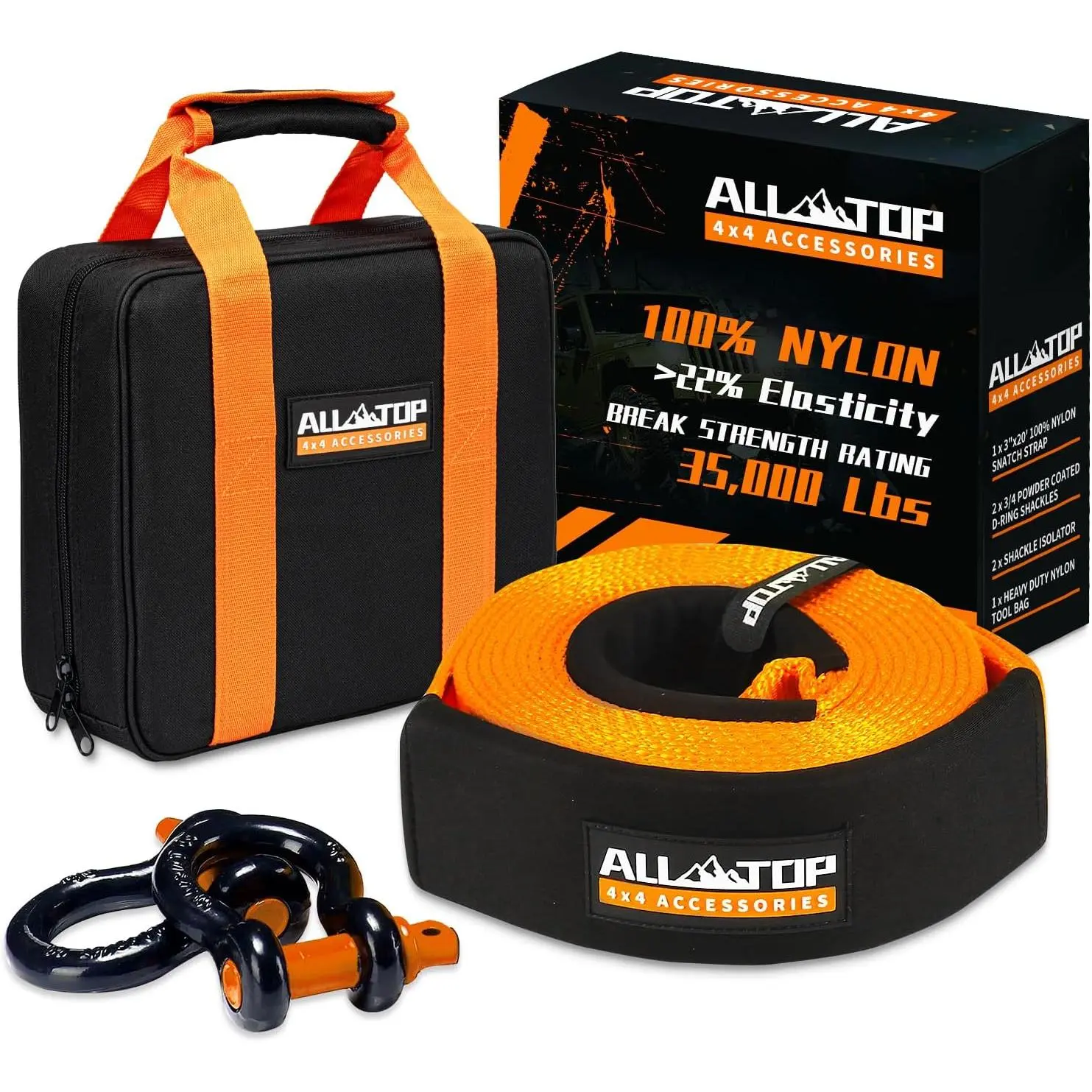 Tow Strap Recovery Kit: 3 inch x 20ft (35,000lbs) 100% Nylon and 22% Elongation Snatch Strap + 3/4 D Ring Shackles (2pcs) + Bag