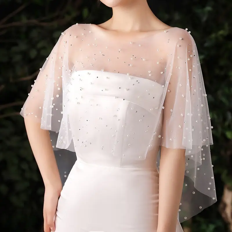 Handmade Pearl Tulle Cape Shawl for Women, Photo Shoot Wrap for Studio Portrait & Marriage Registration Photography