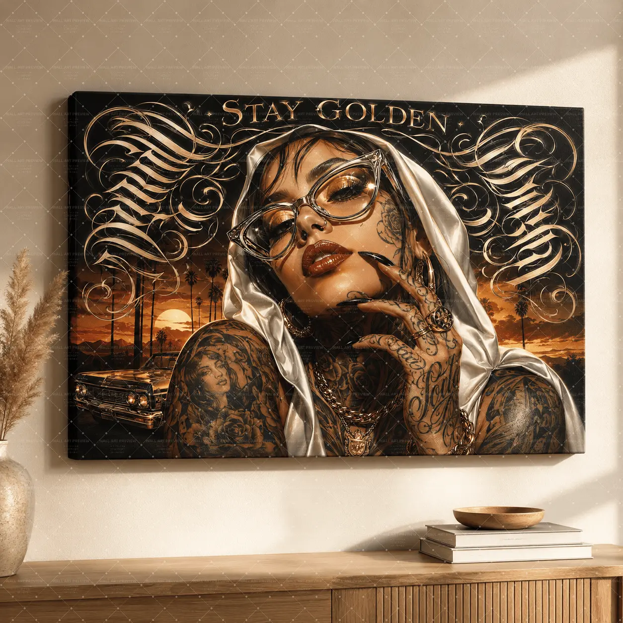 Stay Golden Urban Glam Woman Wall Art, Black Gold Tattoo Portrait Aesthetic Poster Prints, Decorative Poster, Bedroom Wall Art, Living Room Decor, Office Wall Art, Gaming Room Poster Gift,wall decor,poster.