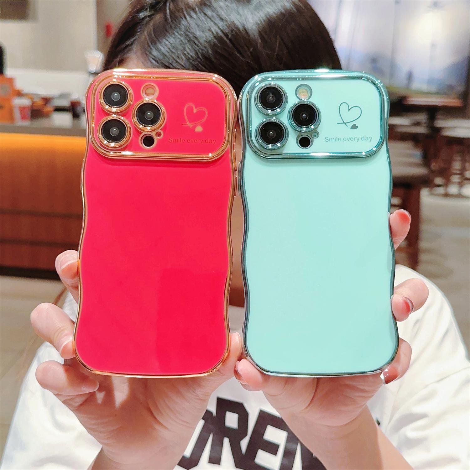 Cute Wave Shape Soft Case for iPhone 16/15/14/13/12/11 Pro Max with Love Heart Raised Camera Protection TPU Phone Case Accessories Durable Silicone Shiny Silicone Shiny Wavy Wireless