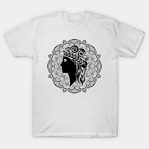 Men's Casual Short-Sleeve Cotton Top - Greek Goddess Laurel Wreath, Mandala Silhouette, Boho Graphic T-Shirt for Women, Ladies