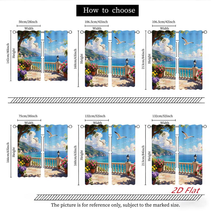 2Pcs Mediterranean Coastal Seascape Seagull Balcony Pattern Sun Blocking Curtains Digital Printed Rod Pocket, Window Treatment For Bedroom Office Kitchen Living Room Study Home Decor