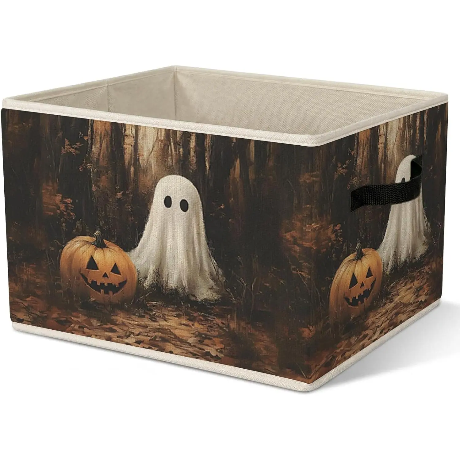 Vintage Fall Halloween Ghost Pumpkin Storage Bin, Dark Cottagecore Halloween Collapsible Storage Bin, Fall Forest Ghost Pumpkin Decorative Organization Boxes Baskets for Playroom Nursery