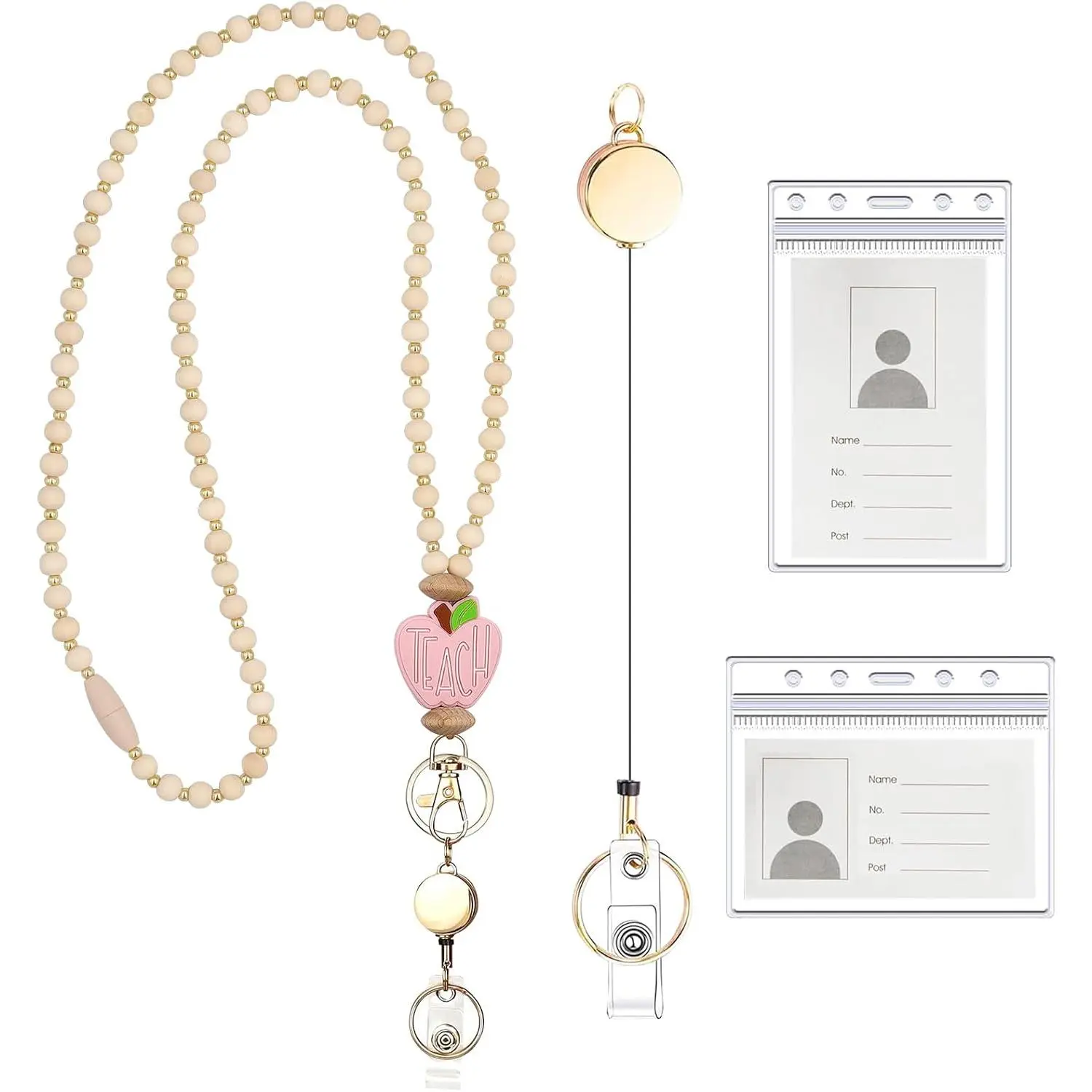 2026 Teacher Lanyard with ID Holder, Retractable Fashion  Beaded Lanyard for Key, Cute  Wooden Beaded for Women