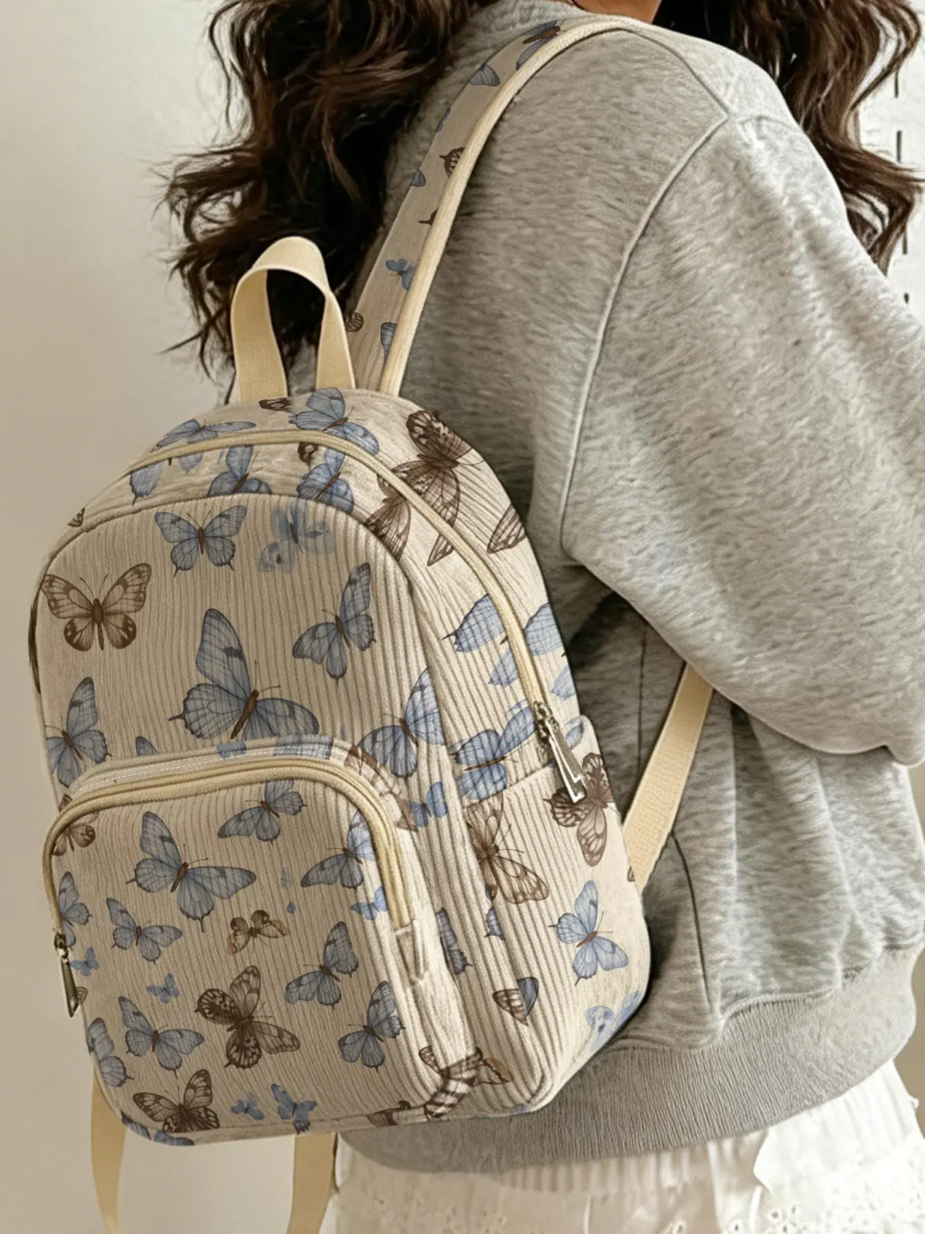 Watercolor Blue Butterfly Pattern Backpack, Velvet Texture, Layered Storage, Lightweight, Casual Style, All Seasons