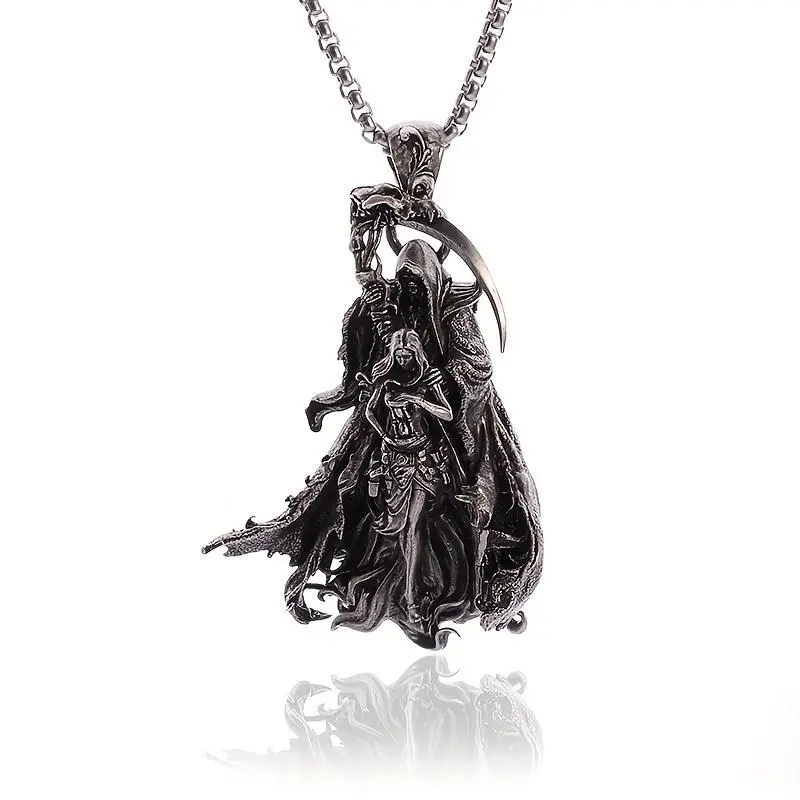 Death Scythe Pendant Necklace, Vintage Gothic Punk Alloy Jewelry for Men, Unique Accessory for Halloween, Concerts & Daily Wear