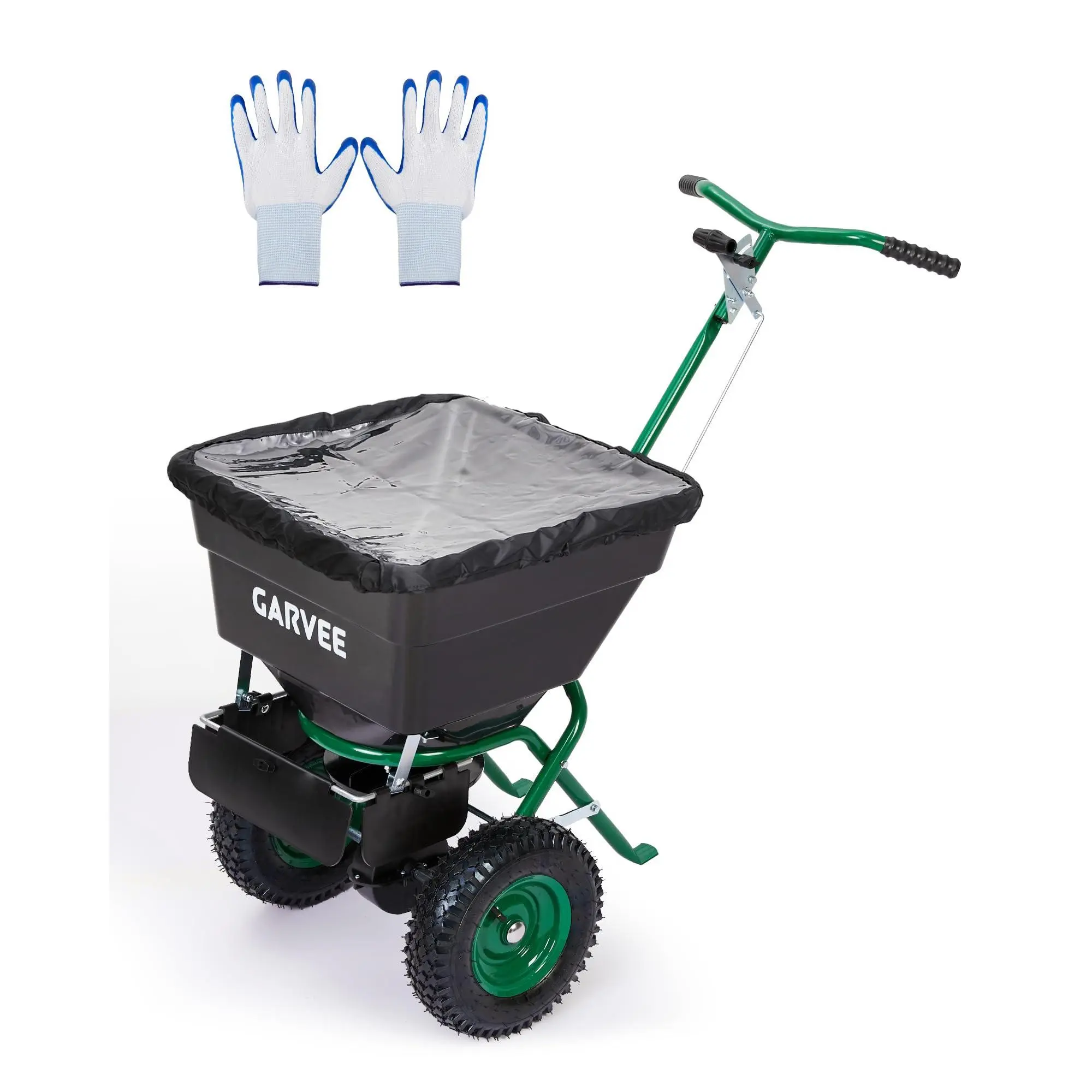 Garvee Heavy-Duty Push Broadcast Spreader for Lawn & Garden – 100lb Capacity, 12ft Spread Width, Adjustable Drop Rate, 10" Pneumatic Tires, Rain Cover & Gloves Included