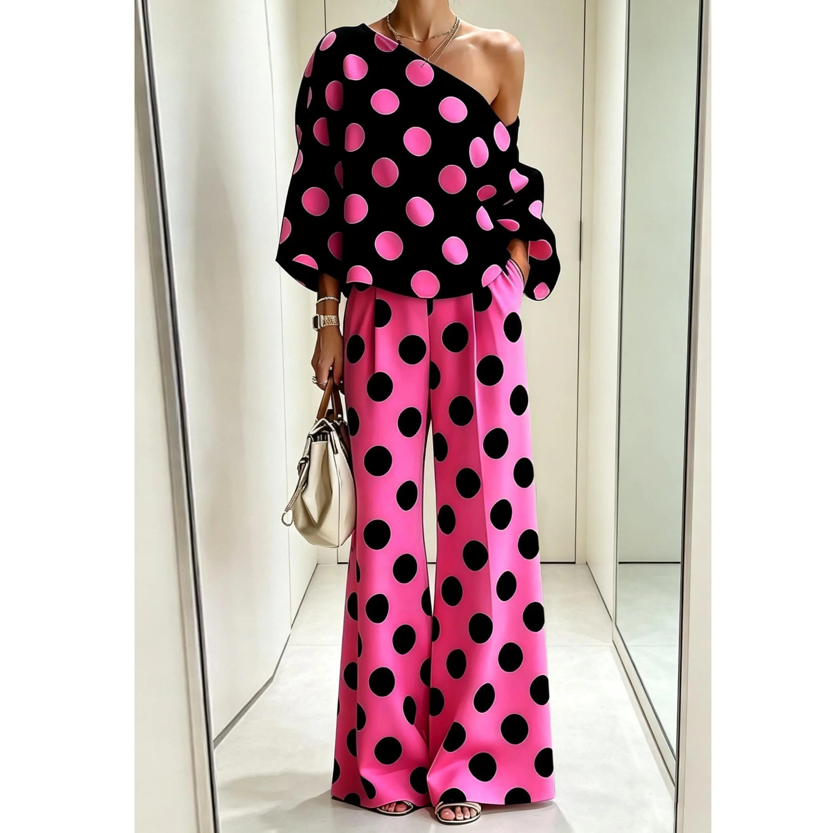 Women's Silky Polka Dot 2-Piece Outfit - Off-Shoulder Loose Top & Wide-Leg Pants, Trendy Matching Suit for Party, Vacation Daily Wear