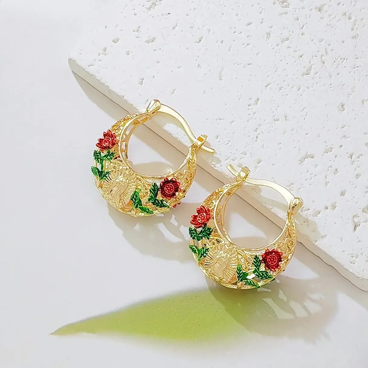 Virgin Mary Guadalupe Hoop Earrings, 18K Gold Plated Religious Earrings with Floral Enamel Design, Faith Jewelry Gift for Women