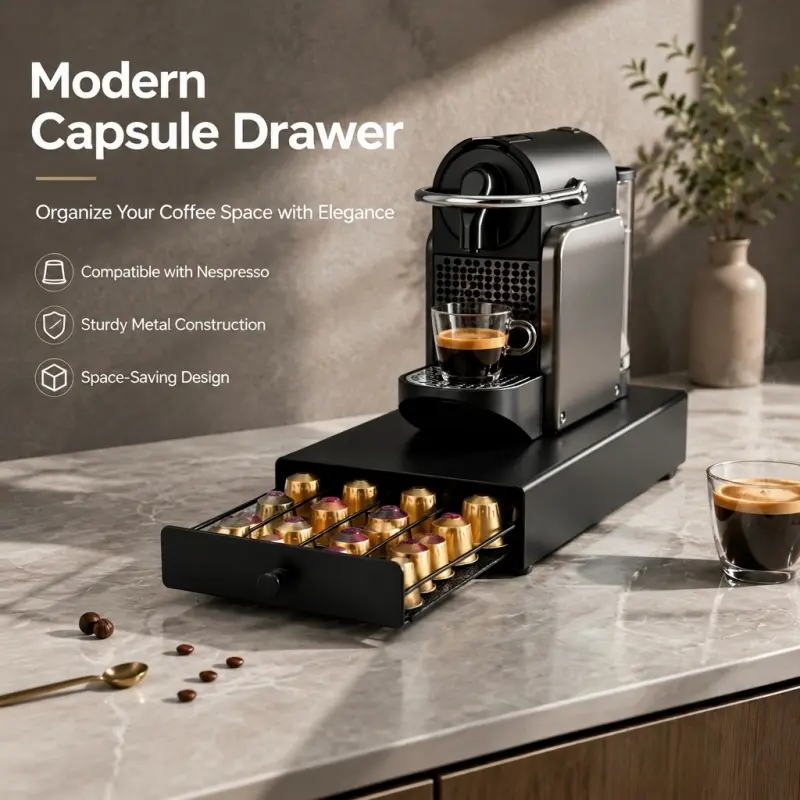 Modern Metal Coffee Capsule Drawer for Nespresso | Space-Saving Coffee Accessories Organizer with Smooth Pull-Out Storage