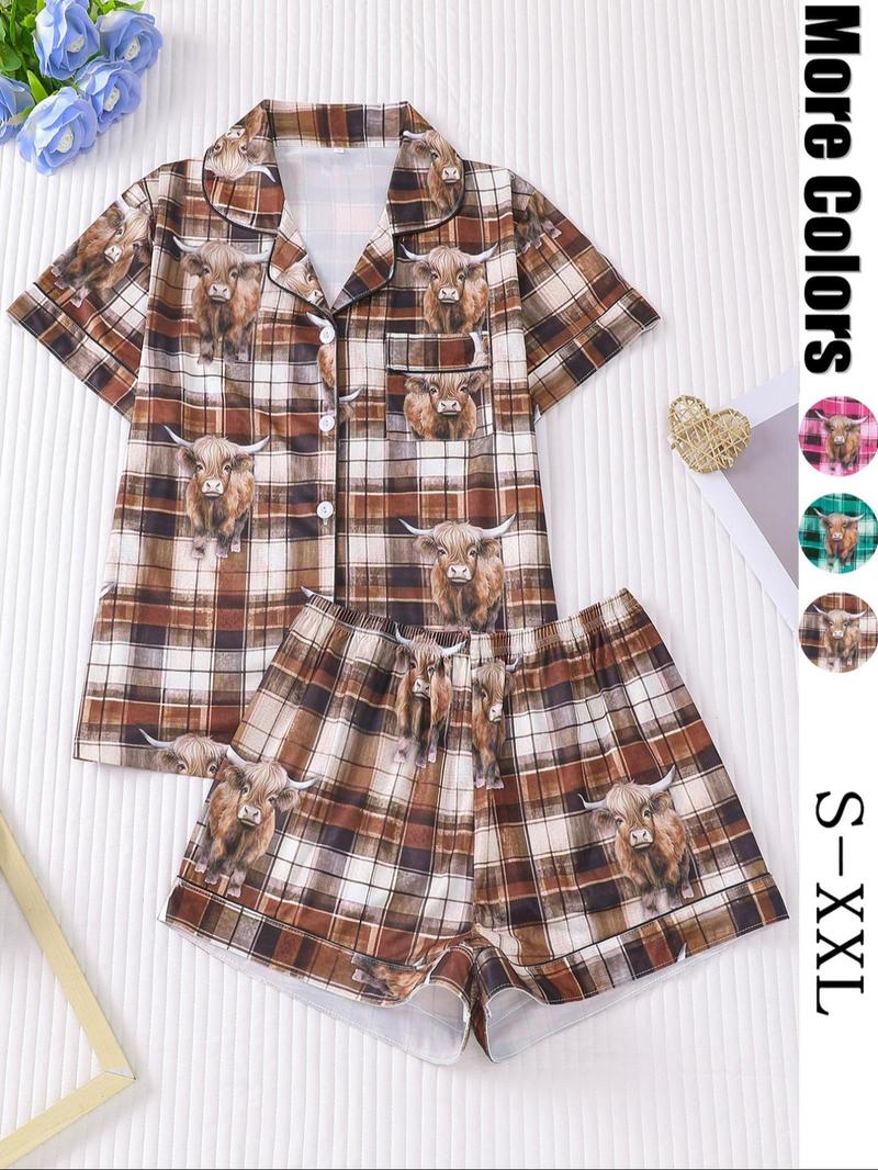 Women's All Over Cow Print Shirt & Elastic Waist Shorts Pyjama Two-piece Set, Casual Comfy Pajama, Casual Comfy Short Sleeve Top & Shorts PJ Set, Ladies Sleepwear for All Seasons, Loungewear