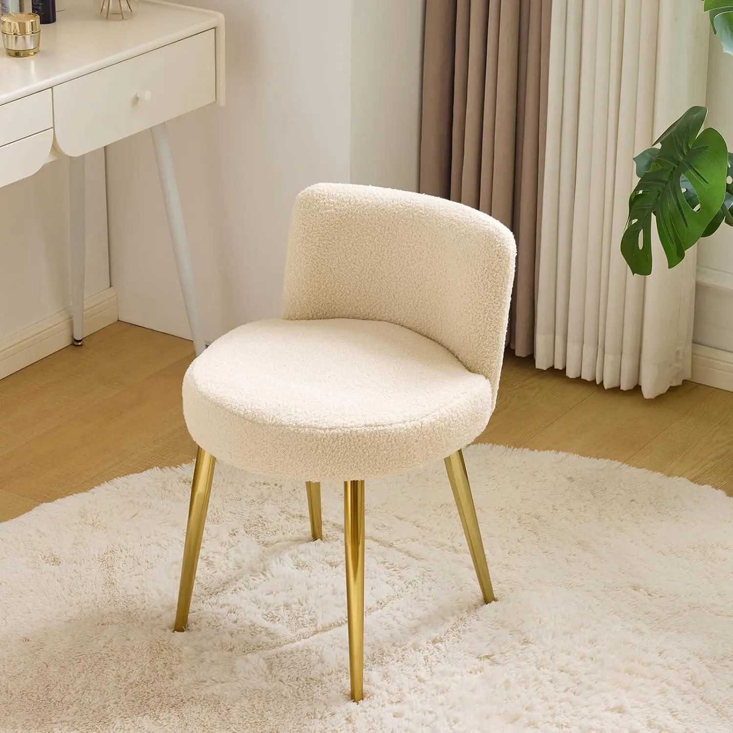 VINGLI Cute Curved Back Vanity Chair for Girls, Round Teddy Fleece Makeup Stool with Adjustable Gold Metal Legs, Small Armless Accent Chair for Bedroom, Dressing Room, Living Room, Lounge