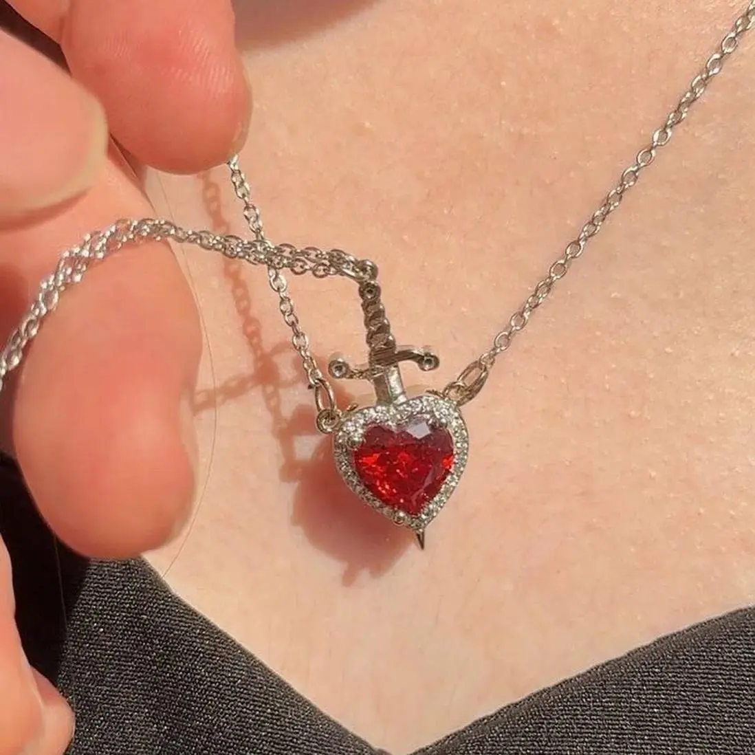 Heart and Sword Necklace Couple Necklaces Zircon Crystal Ring Bracelet Necklace Jewelry Set for Romantic Valentine's Day Gifts
