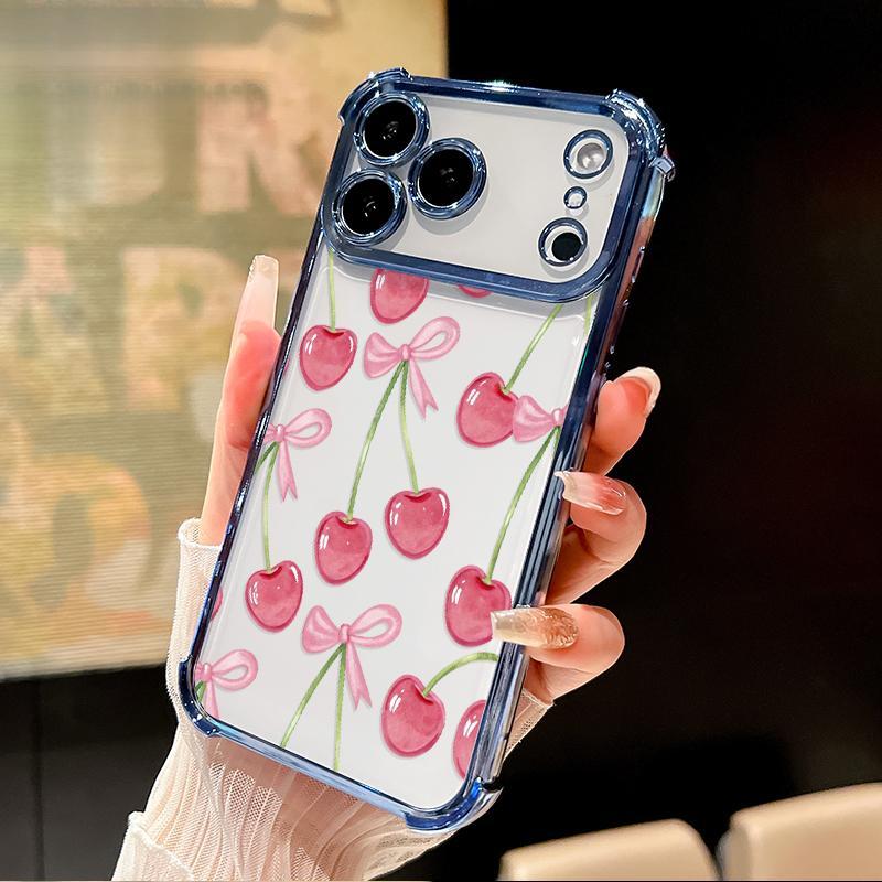 Cherry Bows Pattern Four Corner Anti-Fall Phone Case Transparent Electroplated Protective Cover for iPhone 17 Air 16 E Pro Max 15 Plus 14 13 12 11 X,Samsung and other series models, can be given as a holiday gift to friends or family