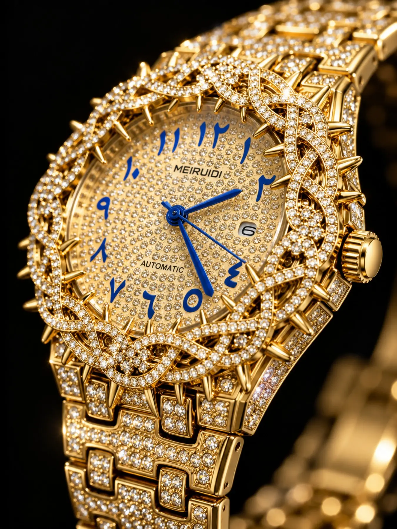 Men's Mechanical Watch, Full Diamond Automatic, Thorn Crown Bezel, Starry Dial, Rhinestone Steel Band, Perfect Gift for Brother or Father, Automatic Movement Watch