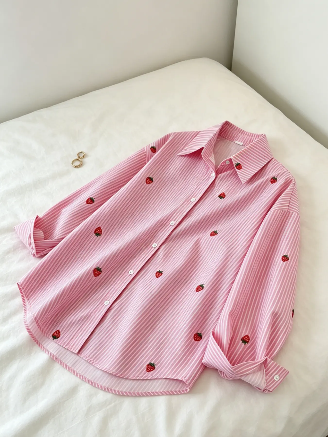 A fashionable pink strawberry striped shirt Blouse for women, with a hanging fabric that is breathable and suitable for commuting, shopping, outdoor activities, indoor and outdoor wear