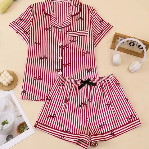 Women's Sleepwear Pajama Set, Short Sleeve Top with Bow and Striped Print, Matching Shorts, Comfortable Casual Daily Wear, Loungewear Pajamas Set, Nightwear Lounge Set, Pj Set