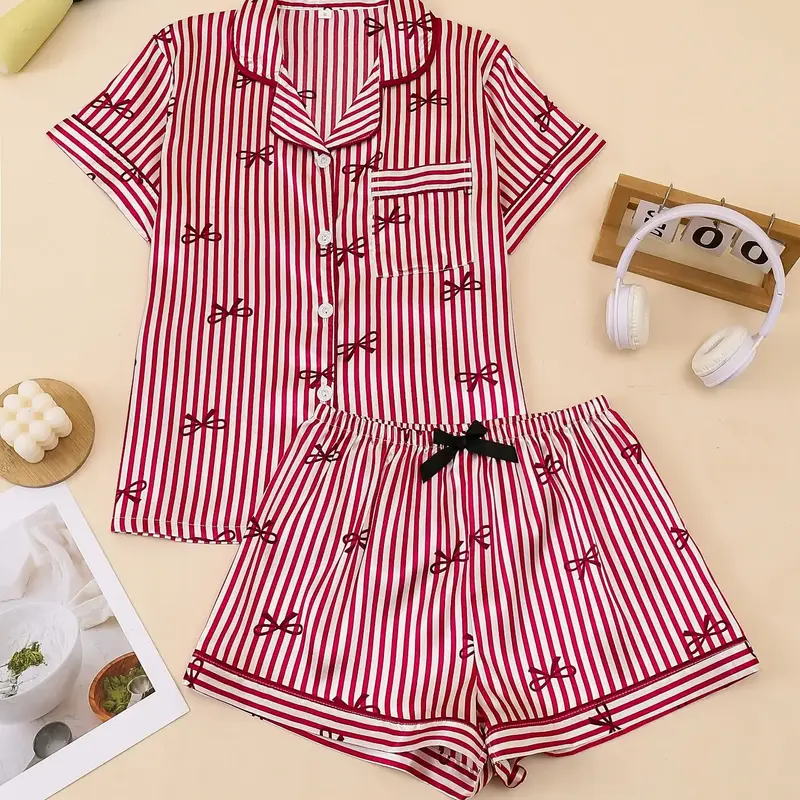 Women's Sleepwear Pajama Set, Short Sleeve Top with Bow and Striped Print, Matching Shorts, Comfortable Casual Daily Wear, Loungewear Pajamas Set, Nightwear Lounge Set, Pj Set