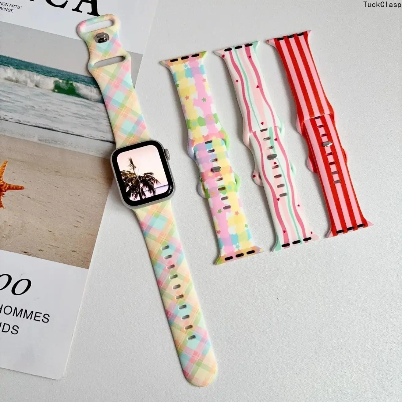 Kawaii Pastel Rainbow Cloud & Star Printed Silicone Watch Strap, Soft Watercolor Gradient Sport Replacement Band Compatible with Apple Watch Ultra 2, SE & Series 1-11 All Sizes, Cute Aesthetic Wristband for Girls & Women