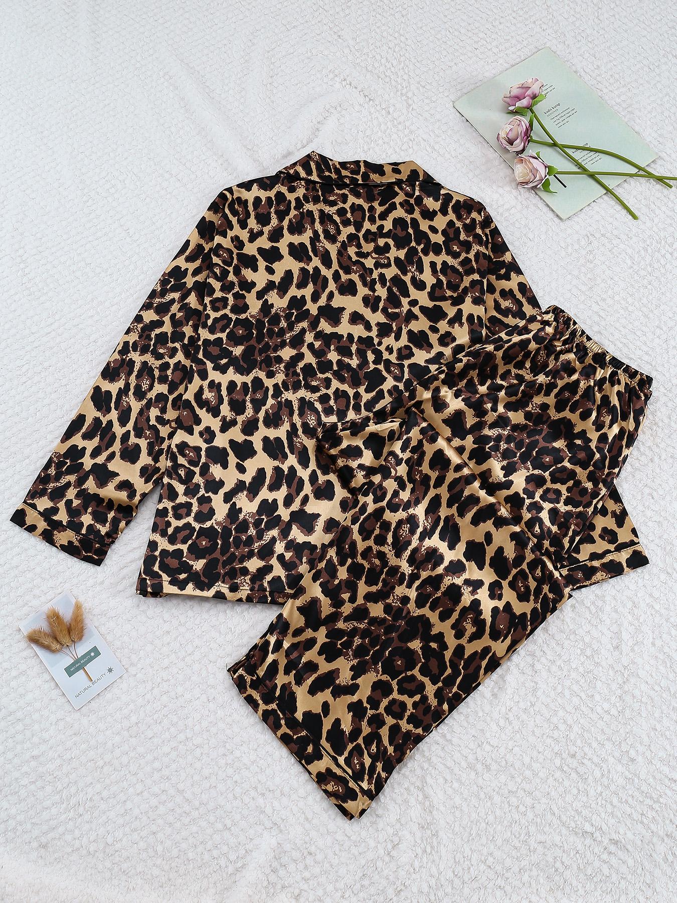【Plus Size】 Two-Piece Set All Over Print Button Front Shirt & Pants Satin Pyjama Set, Casual Comfy Long Sleeve Top & Trousers PJ Set, Women's Sleepwear for Spring & Fall