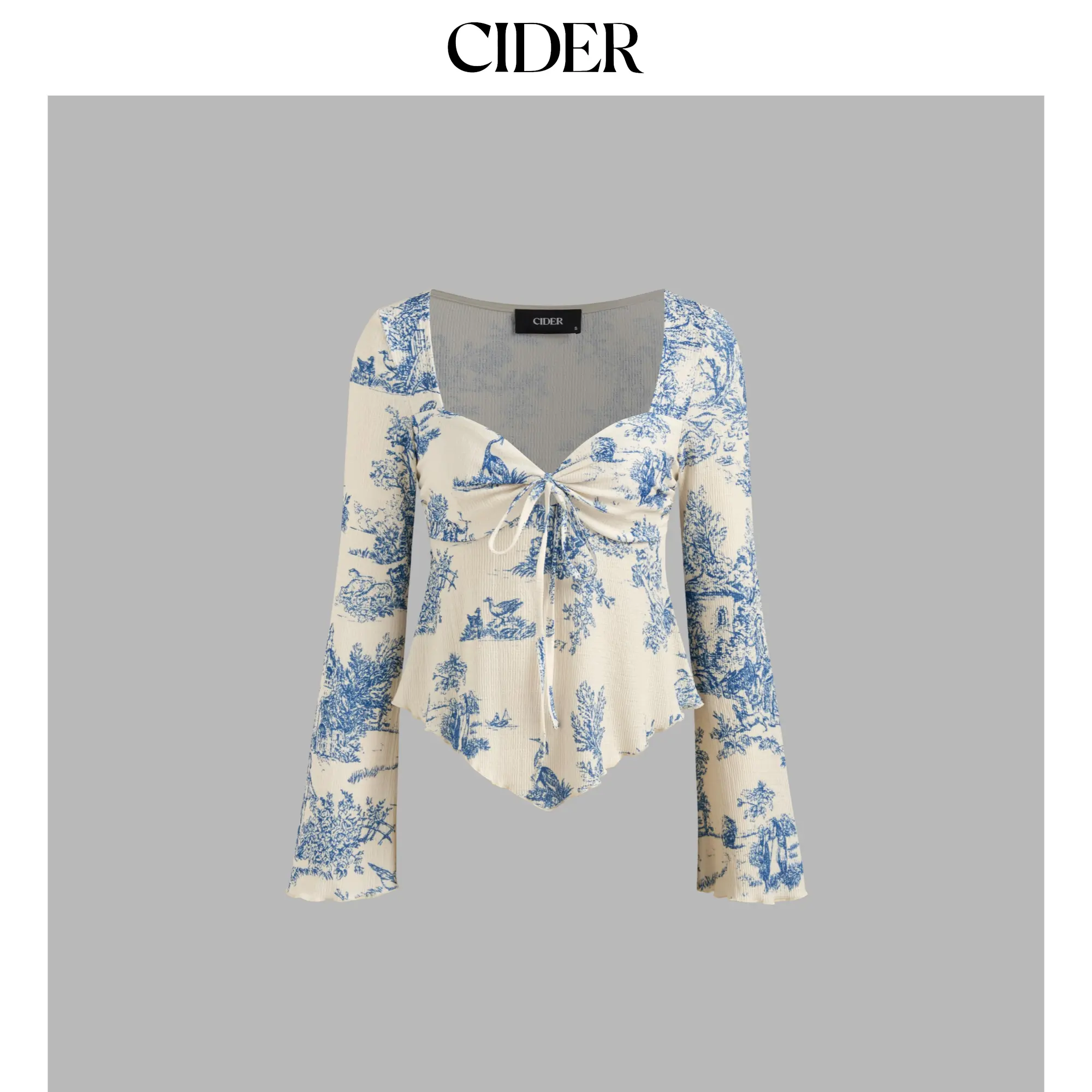 Cider [size 2-26] V-neck Toile de Jouy Knotted Long Sleeve Crop Top SummerFinds